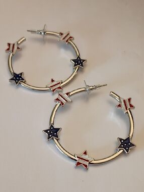 Silver Hoop Earrings with Red & Blue Star Accents
